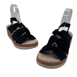 B Zees Sandals Womens 6.5 Black Fabric Criss‎ Cross Cork Wedge Sandals